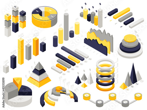 Isometric infographic charts. Infographic 3d business elements, isometric presentation diagram charts. Data statistics diagrams vector illustration set. Presentation graph and diagram, chart 3d