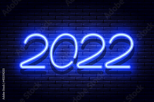 2022 New Year glowing blue neon signboard on brick wall. Vector illustration.