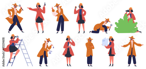 Detective character. Male and female private detectives and inspectors investigate crime and look for evidence. Police detectives vector illustration set. Agent officer in overcoat, female and male