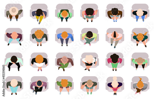 Sitting people top view. Male and female sitting characters view from. Business or student people sit in armchairs vector illustration set. Top view armchair lady or man character, cinema or theater