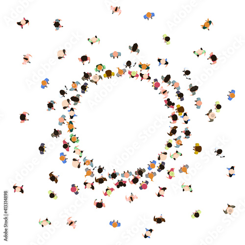 People crowd top view. Walking male and female characters, gathering human community. Social people group top view vector illustration. Crowd man and woman group top walking in round