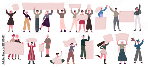 Protest people crowd. Manifesting activists male and female characters holding blank banners. Diverse protesting group vector illustration set. Protest and demonstration, strike picket