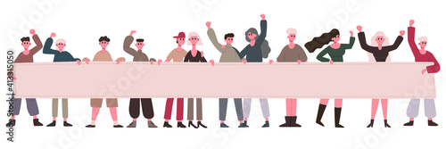 Manifestation activists. Protest people hold blank banner, political activist demonstration parade. Manifesting people group vector illustration set. Woman activist and man parade with banner