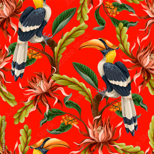 Seamless pattern with birds and tropical leaves and flowers. Vector.