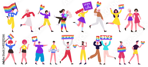 Lgbt pride parade. Love parade, lesbian, gay, bisexual and transgender community movement. Pride parade vector illustration set. Rainbow flag pride, rights lgbt homosexuality