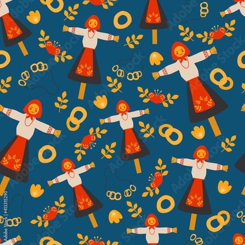 Seamless pattern of traditional carnival, Russian Pancake week with scarecrow. Translation Shrovetide or Maslenitsa. Spring festival.Collection of traditional russian symbols. Flat illustration