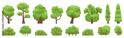 Green trees. Forest or garden bush and tree, woody foliage green branches. Nature forest and park green trees vector illustration set. Bush green and trees environment shape
