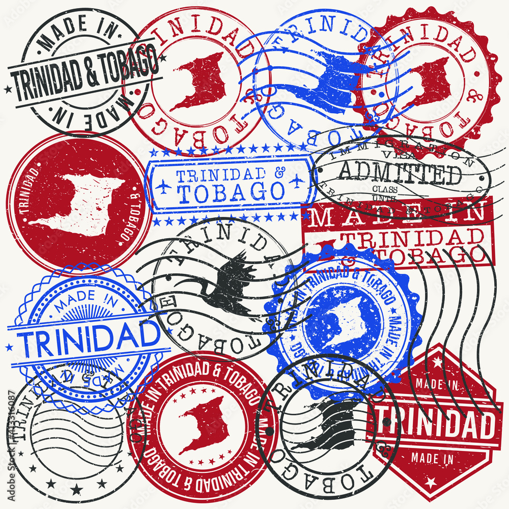 Trinidad and Tobago Set of Stamps. Travel Passport Stamps. Made In Product. Design Seals in Old Style Insignia. Icon Clip Art Vector Collection.