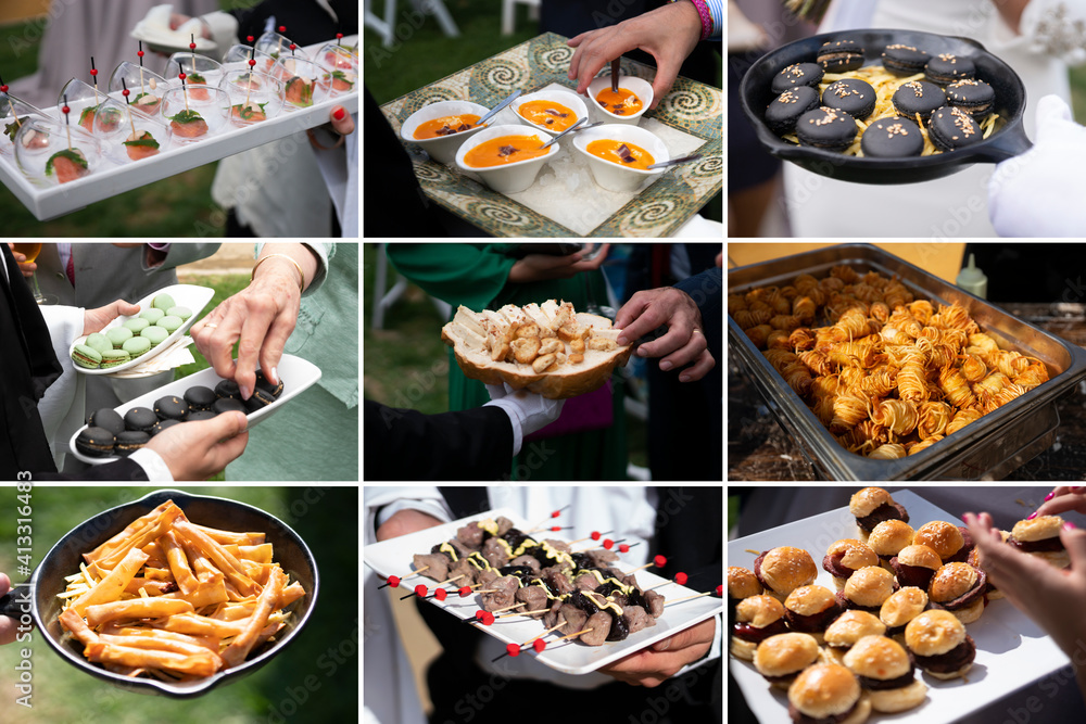 mosaic of images of food and snacks served at an outdoor wedding in Spain.