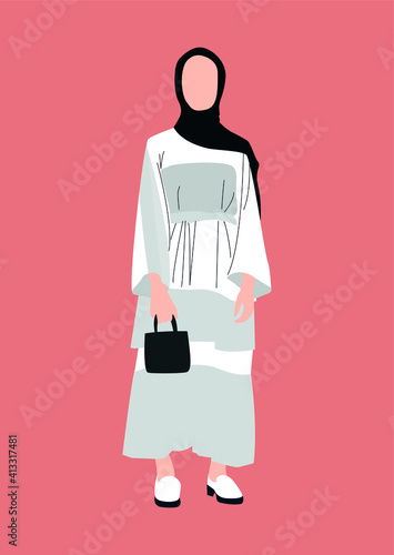 Muslim girl in white dress and black hijab. religious fashion. vector illustration.