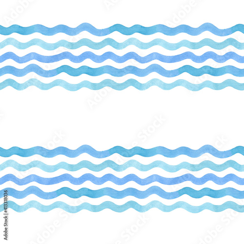 Watercolor wavy lines seamless pattern. Hand drawn. Blue color stripes on isolated on white. Good for fabric, textile, wrapping paper, wallpaper, prints