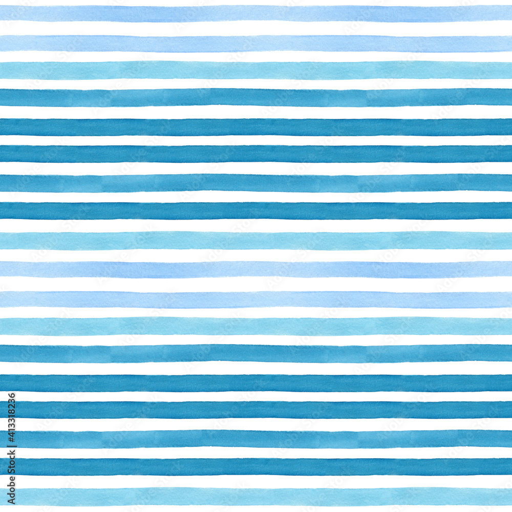 Fototapeta Watercolor lines seamless pattern Ocean. Hand drawn. Blue color stripes on isolated on white. Good for fabric, textile, wrapping paper, wallpaper, prints