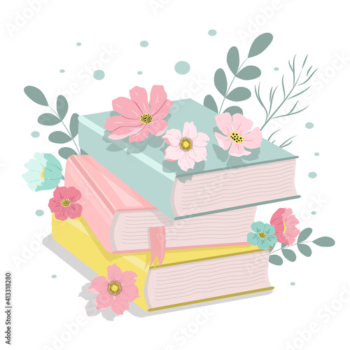 vector hand drawn illustration - a stack of books and flowers in gentle colors. spring, summer mood. flat trending illustration for greeting card, flyers, magazines, websites and apps