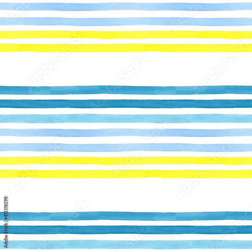 Watercolor lines seamless pattern Island. Hand drawn. Blue, yellow color stripes on isolated on white. Good for fabric, textile, wrapping paper, wallpaper, prints