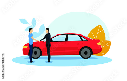 A man is buying a new car. Illustration in flat style