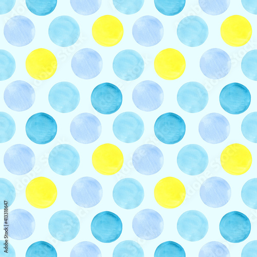 Cute circles seamless pattern Sea and Sun. Watercolor rounds, hand drawn. Blue, yellow color circles on light blue background. Good for kids fabric, textile, wrapping paper, wallpaper, prints