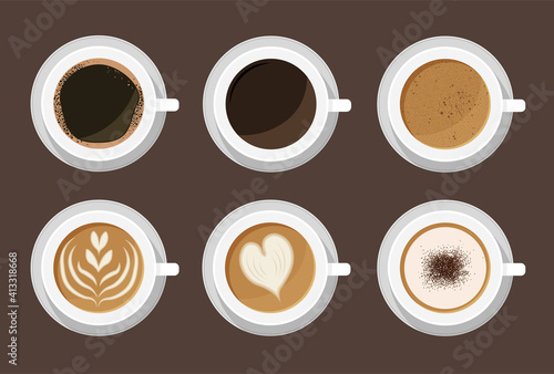 Hot coffee menu in white cups. Top view. Latte  cappuccino  americano  espresso  mocha  cocoa. Vector illustration.