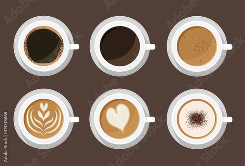 Hot coffee menu in white cups. Top view. Latte, cappuccino, americano, espresso, mocha, cocoa. Vector illustration.