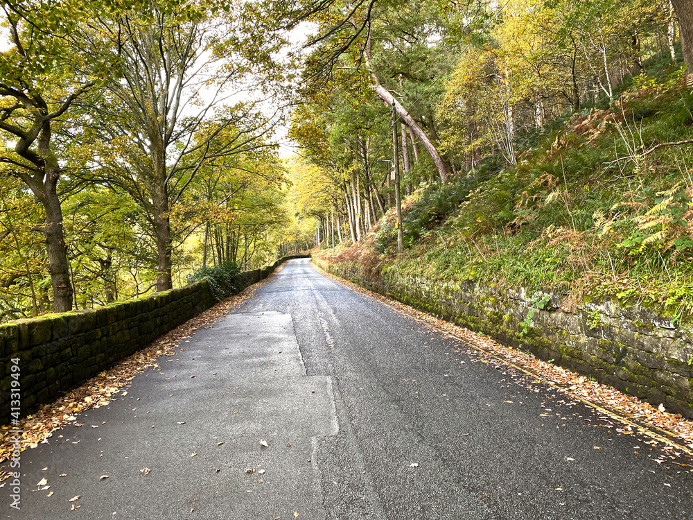 Naklejka premium Looking along, Midgehole Road, on a cloudy autumn day in, Hebden Bridge, UK