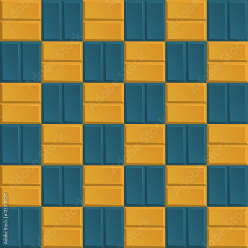 Vector seamless pavement texture. Blue and yellow street pavement seamless background. Colorful realistic paving slabs. Geometric mosaic street tiles seamless pattern. Stone floor tiles. Top view.