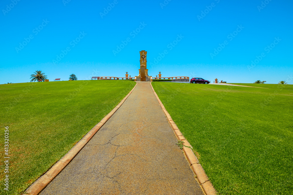 Walkway to Fremantle War Memorial at Monument Hill overlooks Fremantle Harbor in Perth, Western Australia. The memorial commemorates World War I.