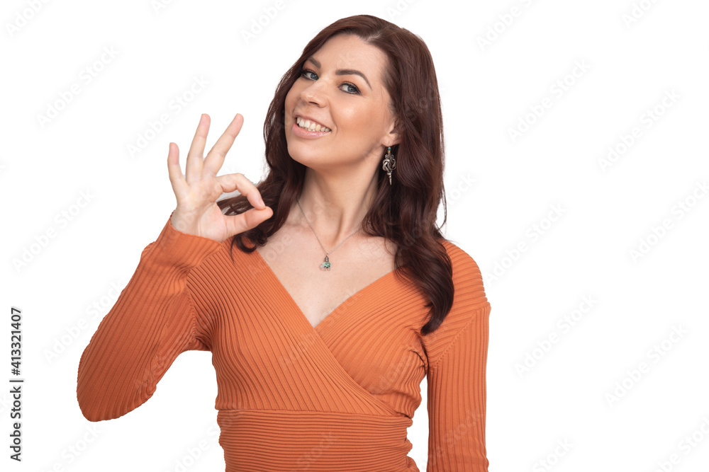 woman on white background makes emotional gestures with hands woman on white background makes emotional gestures with hands