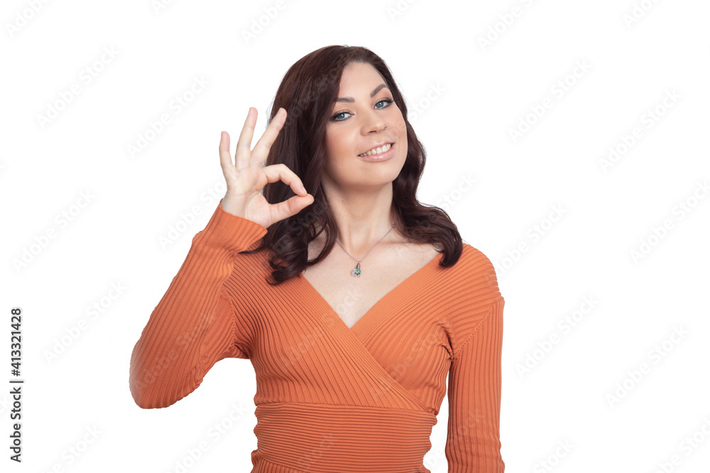 woman on white background makes emotional gestures with hands woman on white background makes emotional gestures with hands
