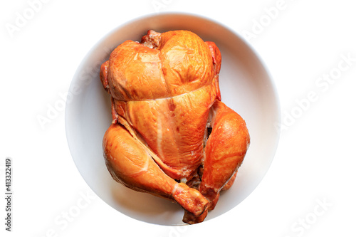 whole baked chicken or smoked poultry portion on the table healthy meal snack outdoor top view copy space for text food background rustic image keto or paleo diet