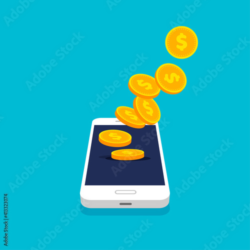 Smartphone with coin heap in trendy 3d style. Falling coins. Money movement and online payment. Online banking concept. Cashback or money refund. Vector illustration.