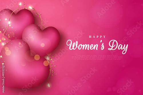 International Women's Day of 8 march background with love balloons decorated with lights.