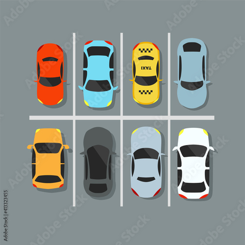 City car park with a set of different cars. Lack of parking spaces. Urban transport. Vector illustration.