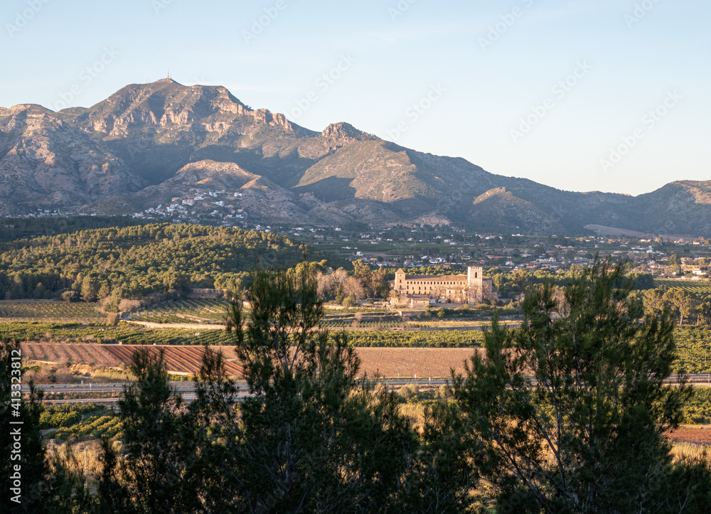 Landscape showing Mount Mondúver and the Monastery of Sant Jeroni de Cotalba, in Valencia (Spain). 