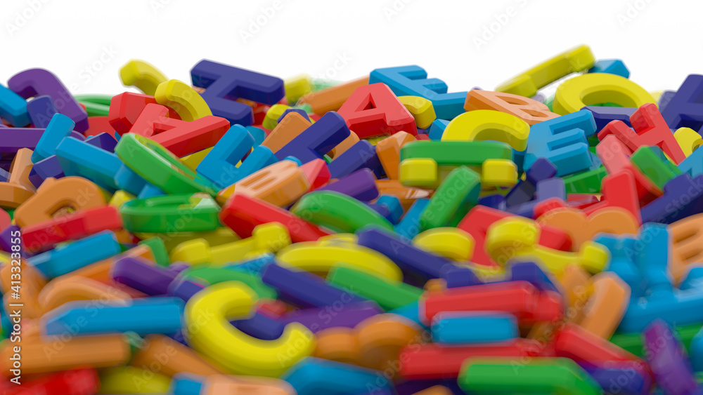 Alphabet letters on plain background. Plastic alphabet letters on white background. Rainbow colors. 3D illustration. 3D rendering Alphabet letters on plain background. Plastic alphabet letters on white background. Rainbow colors. 3D illustration. 3D rendering