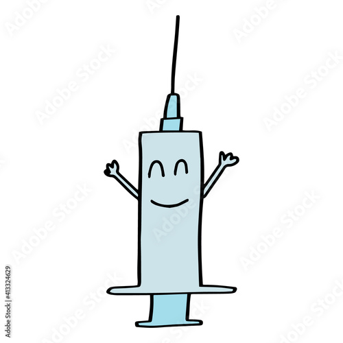Cartoon Syringe. Hand drawn lines cartoon character. Concept of medicine, health, vaccines, hospitals. Vector illustration.