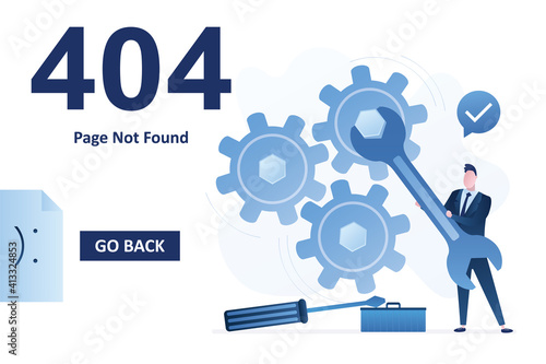 404 error, page not found landing page template. Businessman holding wrench and repairing gears. No connection, error.