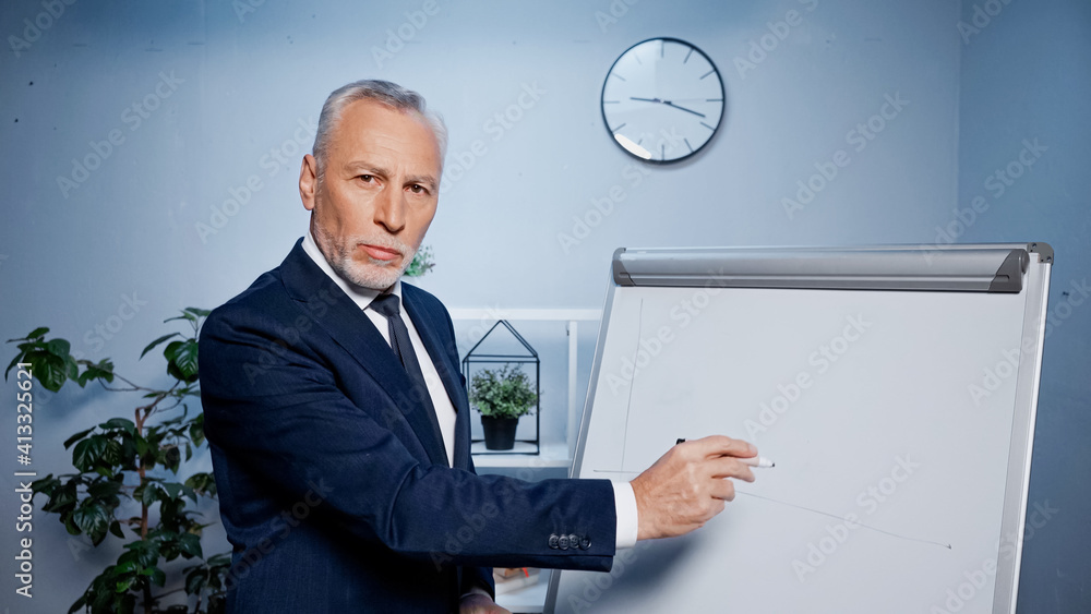 Senior businessman with marker looking at camera near flipchart in office Senior businessman with marker looking at camera near flipchart in office