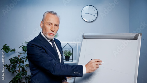 Senior businessman with marker looking at camera near flipchart in office