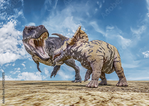 Fototapeta Naklejka Na Ścianę i Meble -  T-Rex against Triceratops, Tyrannosaurus rex against Triceratops, 3D-Rendering, illustrated
