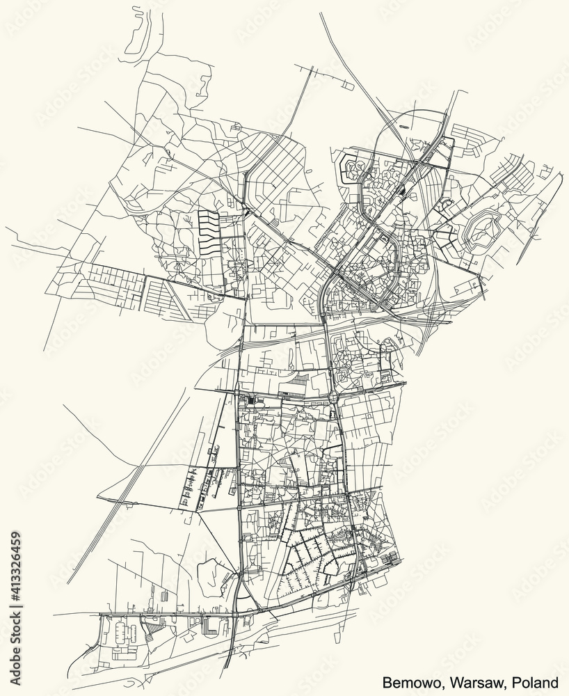 Black simple detailed street roads map on vintage beige background of the neighbourhood Bemowo district of Warsaw, Poland