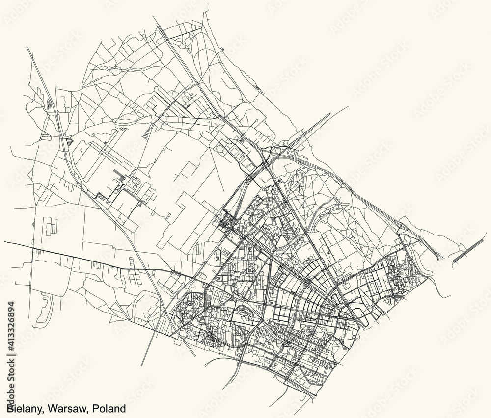 Black simple detailed street roads map on vintage beige background of the neighbourhood Bielany district of Warsaw, Poland