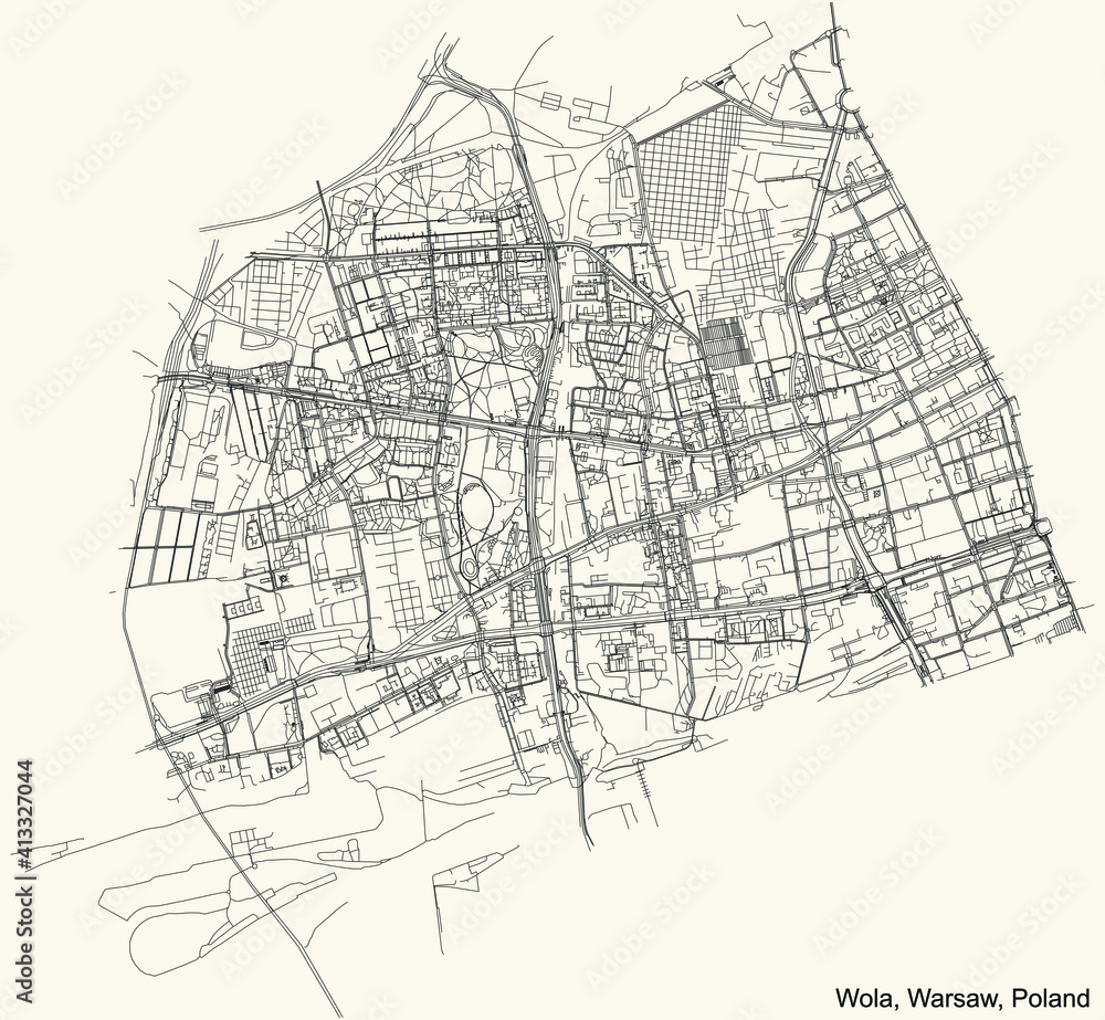 Black simple detailed street roads map on vintage beige background of the neighbourhood Wola district of Warsaw, Poland