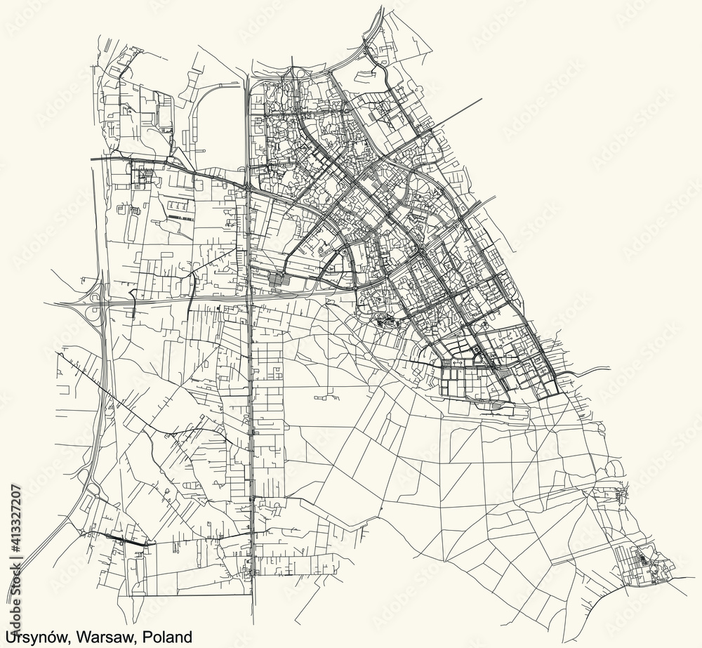 Black simple detailed street roads map on vintage beige background of the neighbourhood Ursynów district of Warsaw, Poland