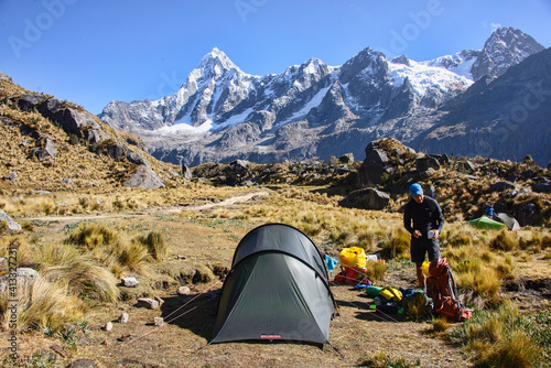 Campsite with a view of Taulliraju towards Union Pass on the Santa Cruz trek, Cordillera Blanca, Ancash, Peru