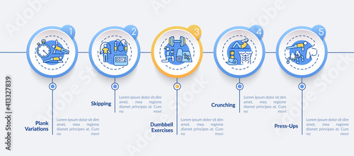 Best at home exercising vector infographic template. Skipping, dumbbell workout presentation design elements. Data visualization with 5 steps. Process timeline chart. Workflow layout with linear icons