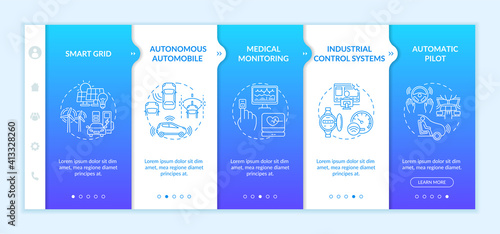 Cyber-physical systems usage onboarding vector template. Autonomous automobile. Industrial control systems. Responsive mobile website with icons. Webpage walkthrough step screens. RGB color concept
