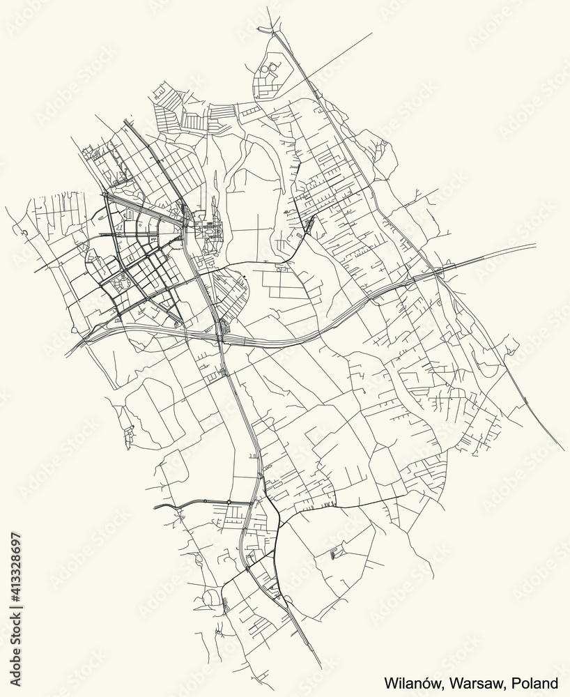 Black simple detailed street roads map on vintage beige background of the neighbourhood Wilanów district of Warsaw, Poland