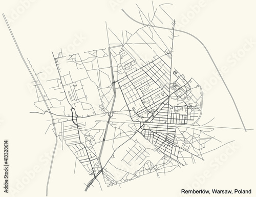 Black simple detailed street roads map on vintage beige background of the neighbourhood Rembertów district of Warsaw, Poland