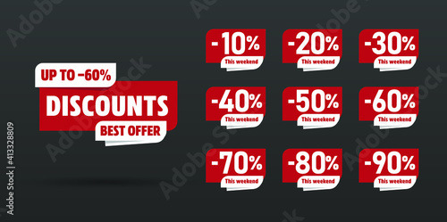 discount set vector badges template, percent sale label symbols red White black