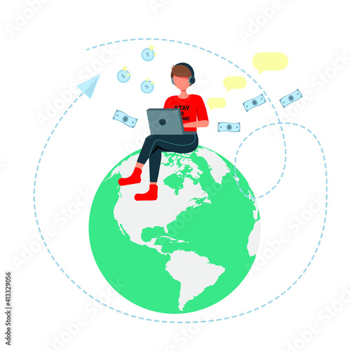 A flat illustration of a young man who is working remotely or studying online or a successful businessman. A banner, poster for some business, educational projects. Vector. EPS10.