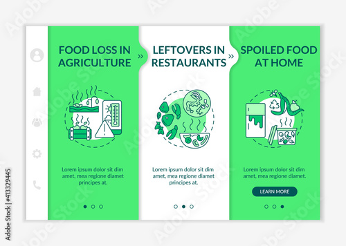 Food waste material types onboarding vector template. Spoiled food at home. Leftovers in cafeterias. Responsive mobile website with icons. Webpage walkthrough step screens. RGB color concept